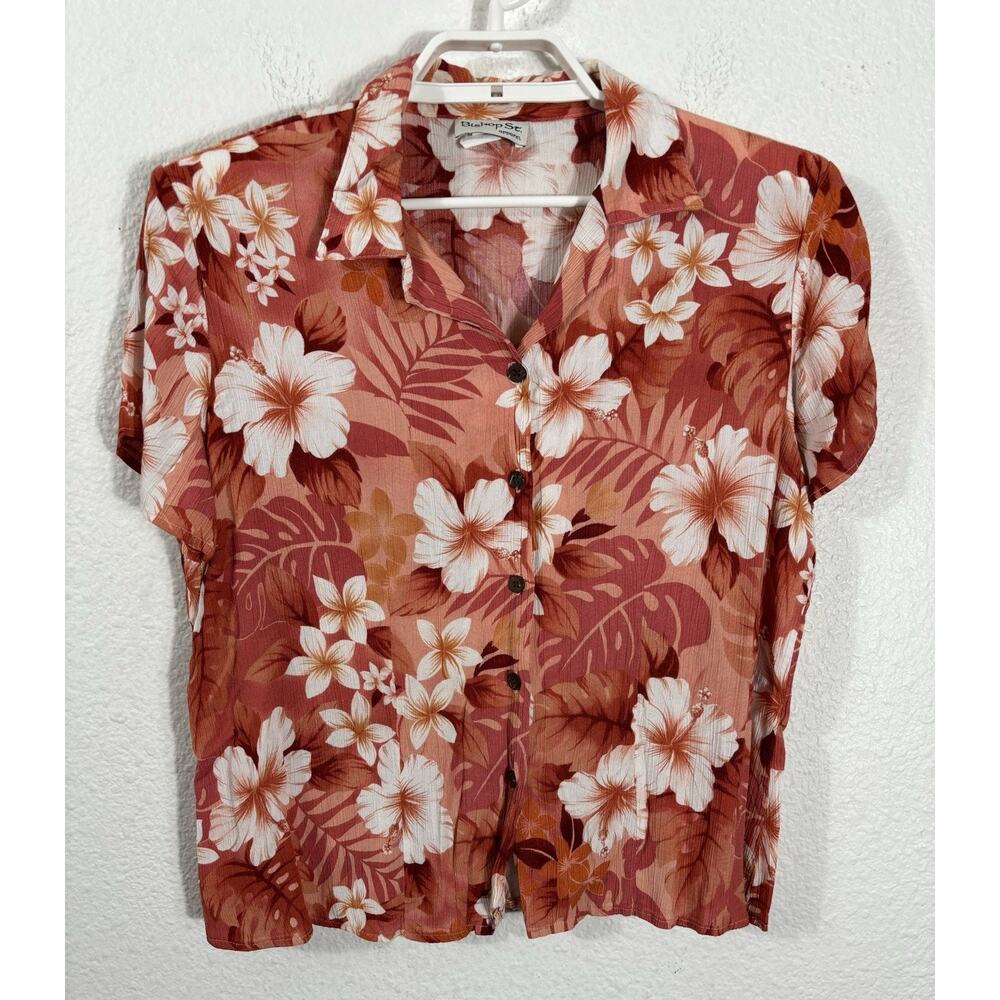 Vintage Bishop St Hawaiian Shirt Size M Orange‎ Floral Rayon Short Sleeve
